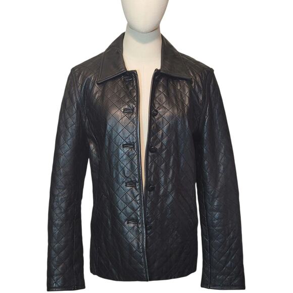 SIENA Black Genuine Leather Jacket Button Down Front Quilted Classic Chic 10 - Picture 16 of 16
